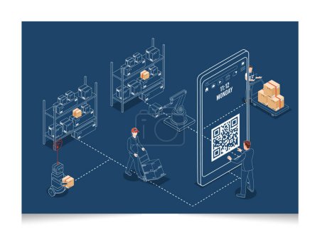 Ilustración de 3D isometric Logistics and Delivery services concept with a customer tries to scan a qrcode to make a phone order from a seller. Vector illustration eps10 - Imagen libre de derechos