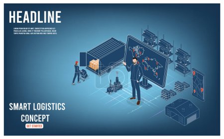 Illustration for 3D isometric Smart logistics concept with Warehouse Logistics and Management, Logistics solutions complete supply chain, transportation truck use wireless technoloty. Eps10 vector illustration - Royalty Free Image