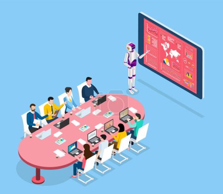 Ilustración de AI Learning and Artificial Intelligence Concept with Business team seated around table listening to Humanoids Robot describe business trend and market analysis.  Vector Illustration eps10 - Imagen libre de derechos