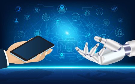 Ilustración de AI Learning and Artificial Intelligence background concept. Assistant Robot, Machine learning, Digital Brain future technology. Vector Illustration eps10 - Imagen libre de derechos