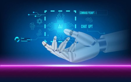Ilustración de AI Learning and Artificial Intelligence concept with Assistant Robot create something, use the command prompt. Machine learning, Digital Brain future technology. Vector Illustration eps10 - Imagen libre de derechos
