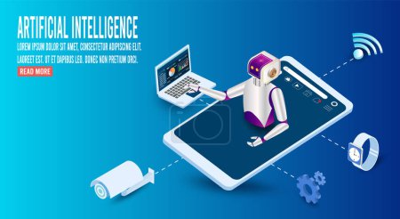 Téléchargez les illustrations : AI Learning and Artificial Intelligence Concept with AI Robot connected to Smart home technology has its applications in household appliances, home safety & security, lighting, and entertainment. - en licence libre de droit