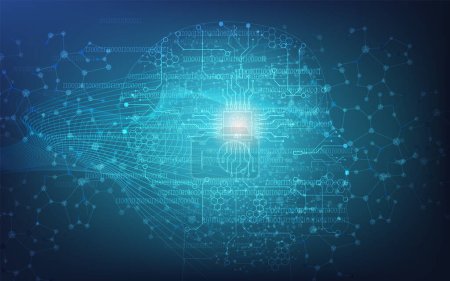 AI Learning and Artificial Intelligence background concept (en inglés). Asistente de Robot, Machine learning, Digital Brain future technology. Ilustración vectorial eps10