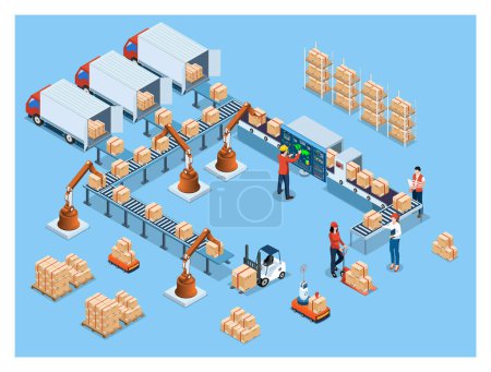 Illustration for 3D isometric warehouse simulation and Smart warehouse technology Concept with Automation System and Robot Transportation operation service. Vector illustration EPS 10 - Royalty Free Image