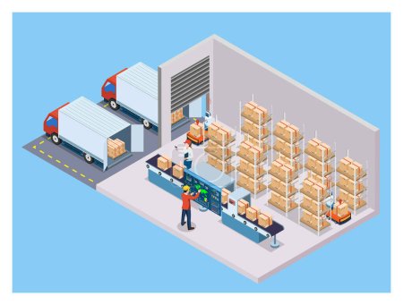 Almacén isométrico 3D Concepto logístico con los trabajadores cargando productos en el transportador de banda, servicio de operación de transporte, gestión logística. Ilustración vectorial EPS 10