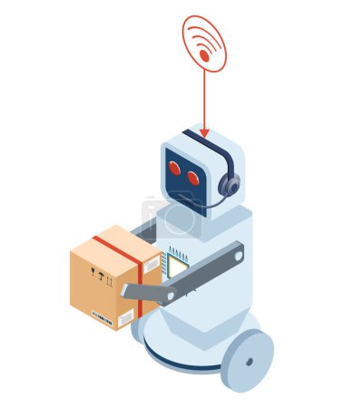 Illustration for Autonomous robot carry cardboard box on wheels delivers purchases home.  Automated courier delivery service for buying. Technological shipment innovation concept. Vector illustration eps10 - Royalty Free Image