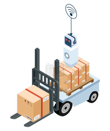 Ilustración de Autónomo robot llevar caja de cartón sobre ruedas entrega compras a casa. Servicio de mensajería automatizado para la compra. Concepto de innovación en envíos tecnológicos. Ilustración vectorial eps10 - Imagen libre de derechos