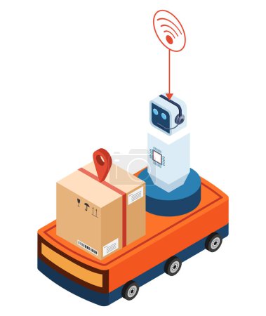 Autonomous robot carry cardboard box on wheels delivers purchases home.  Automated courier delivery service for buying. Technological shipment innovation concept. Vector illustration eps10