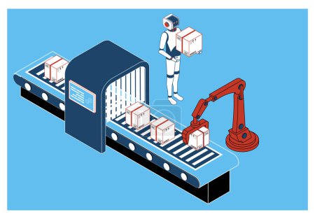 Illustration for AI Learning and Artificial Intelligence Concept with Industrial packing system process, Autonomous robots, Machine learning, Digital Brain future technology.  Vector Illustration eps10 - Royalty Free Image