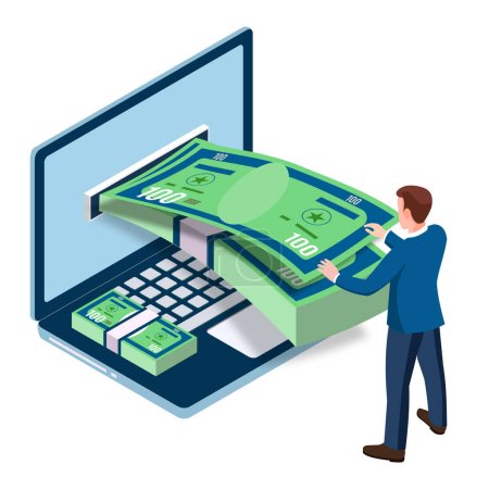 Illustration for Man using a laptop to do financial transactions. Isometric vector illustration isolated on white background. eps10 - Royalty Free Image