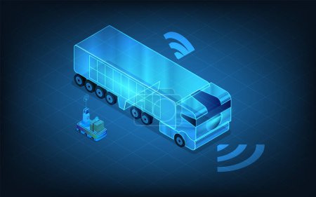 Illustration for A self-driving truck with Robots loading cargo into truck with autopilot. Vector isometric illustration eps10 - Royalty Free Image