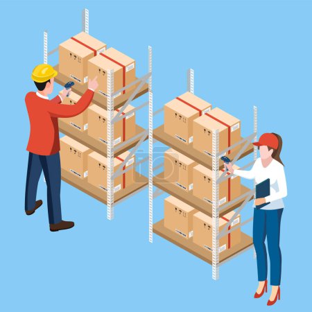 Illustration for Male and Female warehouse worker using bar code scanner to analyze newly arrived goods. Vector illustration eps10 - Royalty Free Image