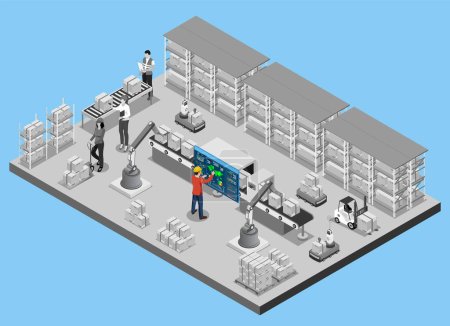 3D isometric automated warehouse robots and Smart warehouse technology Concept with Warehouse Automation System, Autonomous robot, Transportation operation service. Vector illustration EPS 10