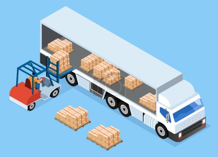 Forklift Loading Pallet Boxes from Warehouse Into Truck. Isometric Vector illustration eps10