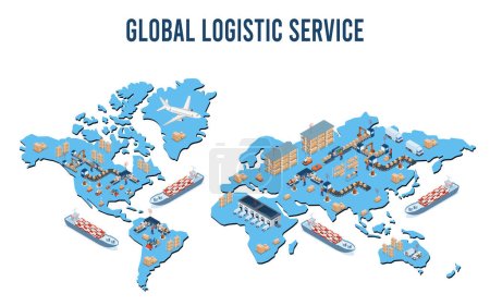 Téléchargez les illustrations : 3D isometric Global logistics network concept with Transportation operation service, Supply Chain Management - SCM, Company Logistics Processes. Vector illustration EPS 10 - en licence libre de droit