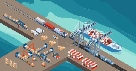 Ilustración de Logística de transporte marítimo con carga de contenedores de acero en buques industriales por grúa y proceso de trabajo de almacén. ilustración vectorial eps10 - Imagen libre de derechos