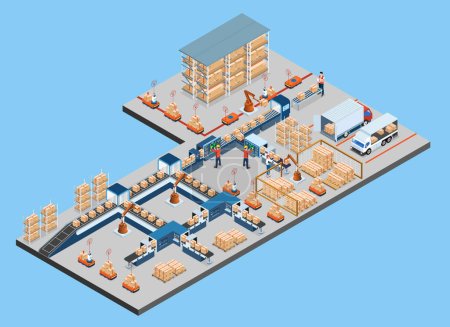 Illustration for 3D Isometric Logistics Warehouse Work Process Concept with Transportation operation service, Industrial Internet of Things and Autonomous Robot. Vector illustration EPS 10 - Royalty Free Image