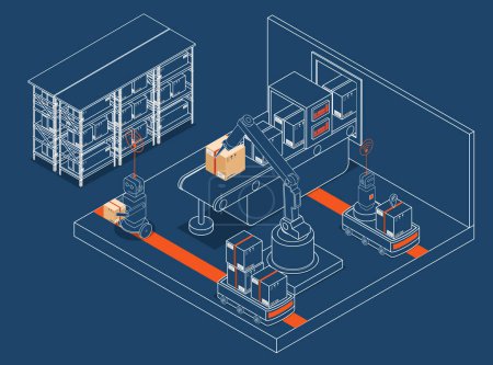 3D Isometric Warehouse Automation Konzept mit Roboterarm nimmt die Box auf, um autonome Roboter in Lagerhallen zu transportieren. Vektorabbildung EPS 10