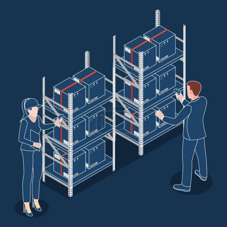 Illustration for Male and Female warehouse worker using bar code scanner to analyze newly arrived goods. Vector illustration eps10 - Royalty Free Image