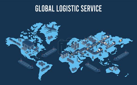 Concepto logístico global con asociación industrial, robots autónomos, transporte, exportación, importación e industria 4.0. Ilustración vectorial eps10