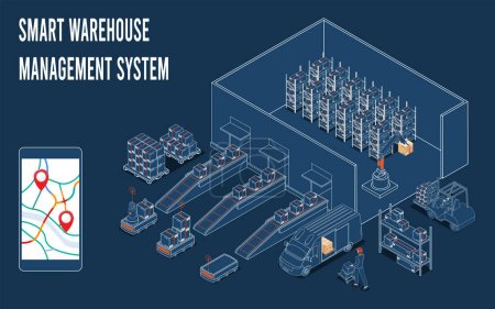 Illustration for Smart Warehouse Management System with Warehouse simulation, Logistics flexibility, Robotic process automation and Accurate inventory counts. Vector illustration eps10 - Royalty Free Image