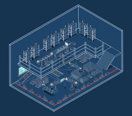 Illustration for 3D Isometric Smart Warehouse Management System with Warehouse simulation, Logistics flexibility, Robotic process automation and Accurate inventory counts. Vector illustration eps10 - Royalty Free Image