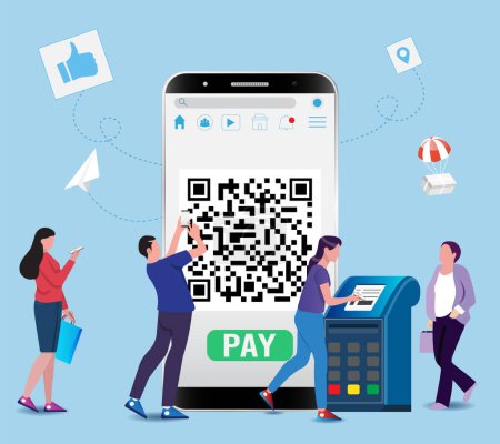 Illustration for Financial Technology with Contactless payment and cashless payment. Hands paying with mobile phone app, QR code scanner. Vector illustration eps10 - Royalty Free Image