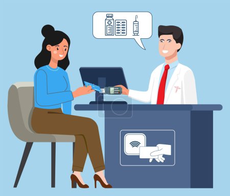 Illustration for A Woman sitting in Hospital hands a Credit Card to pay by Contactless payment terminal to Doctor. Vector illustration eps10 - Royalty Free Image