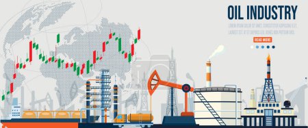 Illustration for Gas and oil industry platform Banner with Outbuildings, Oil storage tank and more. Poster Brochure Flyer Design. Vector Illustration eps10 - Royalty Free Image
