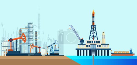 Gas and oil industry extraction platform background with offshore extracting pump tower station and rig drilling platform. Vector illustration eps10