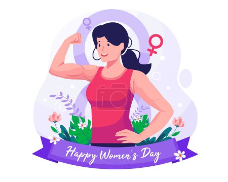 A strong powerful confident young woman raises her arm and shows her bicep. Empowerment of Women, Feminism, Gender equality. Women's Day concept illustration