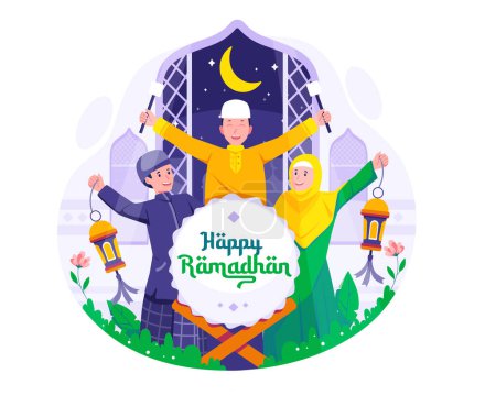 Fröhliche junge muslimische Kinder feiern Ramadan Kareem mit Bedug oder Trommel und tragen Laternen. Glücklicher Eid Mubarak-Gruß