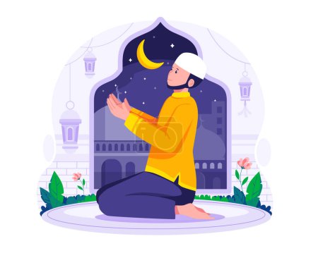 Illustration for Muslim Man is praying hand in the mosque. Muslim people perform the Taraweeh prayer during Ramadan illustration - Royalty Free Image
