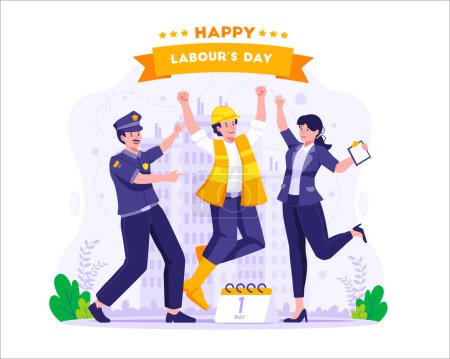 Labor workers are having fun jumping together happily. Worker, Policeman, and Female Teacher celebrating Labour day on 1st May