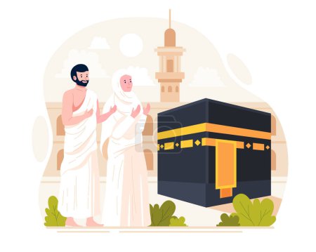 A Muslim couple performs Islamic Hajj Pilgrimage. Man and Woman Hajj characters wear ihram clothes with a Kaaba background. Vector illustration in flat style