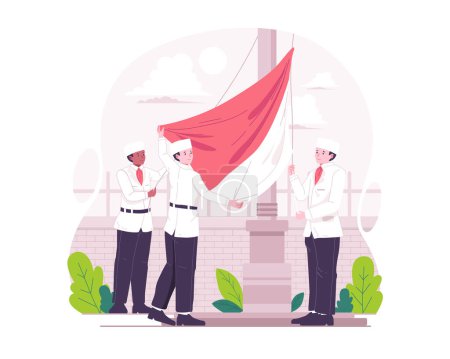 Ilustración de Ilustración del concepto del Día de la Independencia de Indonesia. Jóvenes indonesios ondean banderas en el marco de la ceremonia del Día de la Independencia el 17 de agosto - Imagen libre de derechos