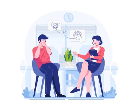 Illustration for World Mental Health Day Illustration. In Psychotherapy Practice, a Female Psychiatrist Consulting a Male Patient. Psychological Therapy and Treatment, Private Counseling Concept - Royalty Free Image