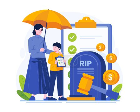 A Mother and Son Standing Near a Tombstone With an Insurance Policy Paper Document on a Clipboard. Death Grant. Death Insurance Concept Illustration