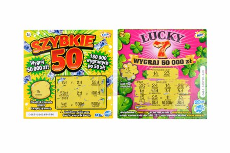 Photo for Two scratch off Polish lottery tickets. Gambling, winning money, two lottery paper coupons, tickets, scratchies, scratch cards isolated on white, cut out, top view - Royalty Free Image