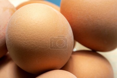 Foto de La tienda ha comprado los huevos presentados de cerca, el detalle macro, el primer plano extremo de los poros de la cáscara del huevo. Huevo crudo comiendo seguridad, riesgo de salmonela, lavando huevos, concepto de recubrimiento, nadie. Huevos de granja, símbolo de alta calidad - Imagen libre de derechos