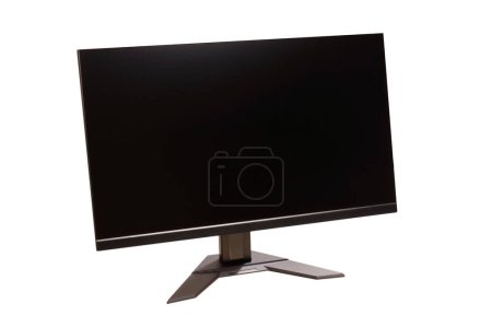 Generic modern black gaming computer monitor, front-facing angle, object isolated on white, cut out. Home office gamer desktop PC monitor screen, high quality 2k 4k 27 inch display on white, nobody
