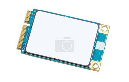 Close-up of a simple mSATA solid-state drive with an unmarked blank empty white sticker, isolated on white background, msata memory card, generic computer chip component object, nobody, no people