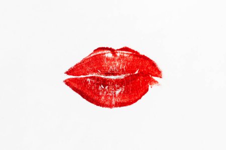 Photo for Imprint of red lips on white paper, kiss background - Royalty Free Image