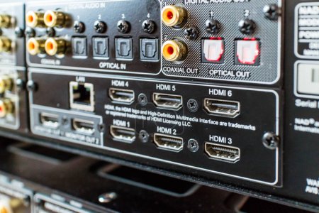 Photo for Audio visual mixer panel showing several hdmi ports - Royalty Free Image