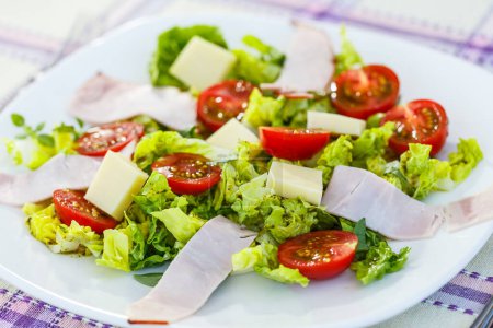 Téléchargez les photos : Gros plan de salade italienne fraîche avec des lanières de jambon et fromage. - en image libre de droit