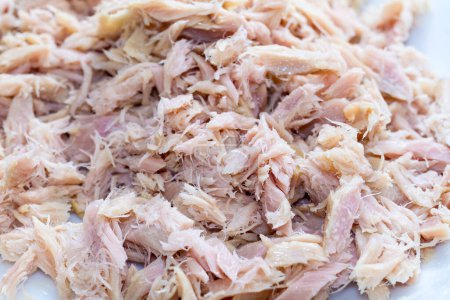 Téléchargez les photos : Vue rapprochée sur le porc frais cuit tiré prêt à être utilisé comme ingrédient dans des sandwichs ou des recettes - en image libre de droit