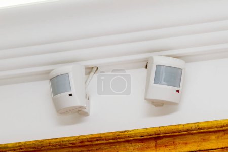 Two modern security motion detectors or sensors mounted building interior wall.