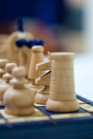 Photo for Chess board and pieces with selective focus on one white pawn and white knight. . - Royalty Free Image