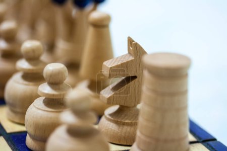 Photo for Details of white wooden chess pieces lined up on the board at start of a game, focus on the knight. - Royalty Free Image