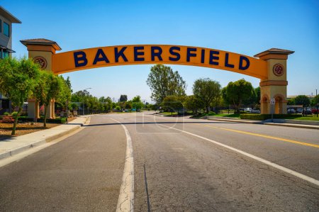 Photo for Bakersfield welcome sign, a wide arched street sign. Also known as the Bakersfield Neon Arch, it is one of the most recognizable landmarks in Bakersfield, California. - Royalty Free Image